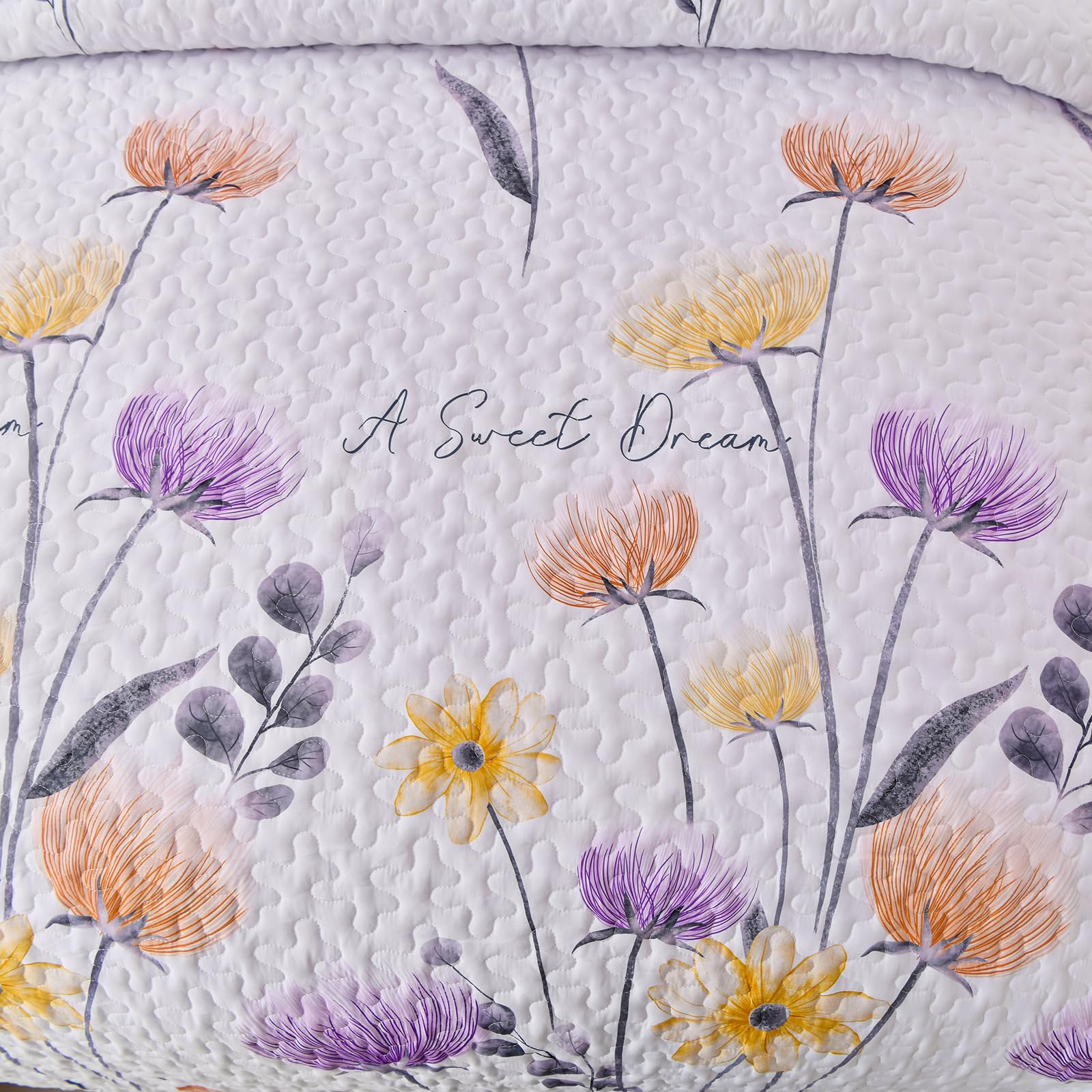 King Size Quilt Set Floral,3 Pieces Purple & Yellow Quilts Coverlet Set Boho Bedspreads Bed Cover Lightweight White Botanical Quilt Bedding Sets for King Bed (90"x104")