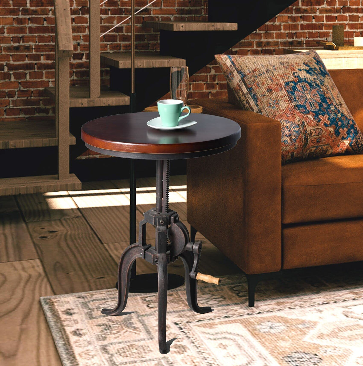 Industrial Iron Adjustable Crank Accent Table,Walnut Wood Top/Copper