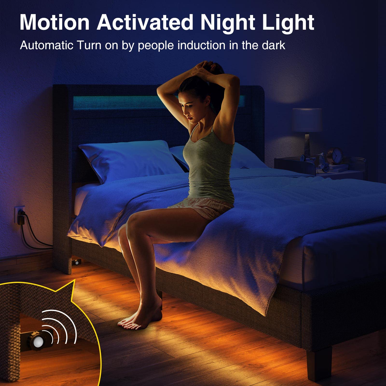 Bed Frame Twin Size with LED Lights and Charging Station, Upholstered Bed with Motion