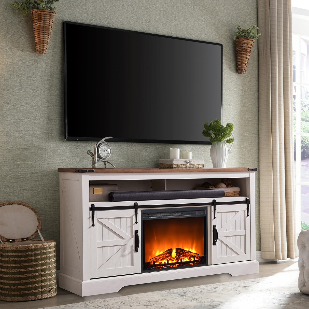 Fireplace TV Stand for 65+ Inch TV, 33" Tall Highboy Farmhouse Entertainment Center