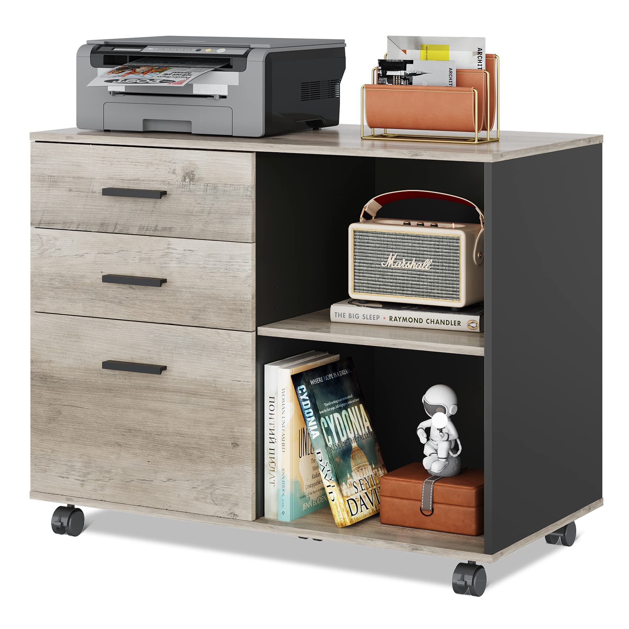 3-Drawer Wood File Cabinet, Mobile Lateral Filing Cabinet
