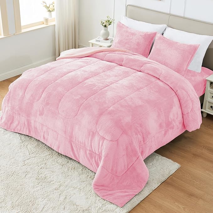 Faux Fur Comforter Set Queen Size with Fitted Sheet, Luxury Ultra Soft Fuzzy Comforter