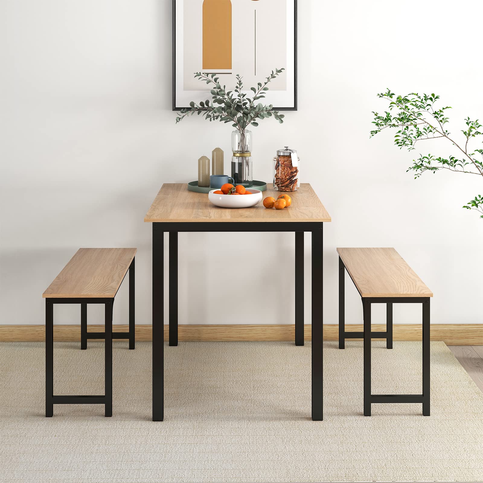 3-Piece Dining Table Set with Bench - Modern Space-Saving Dinette