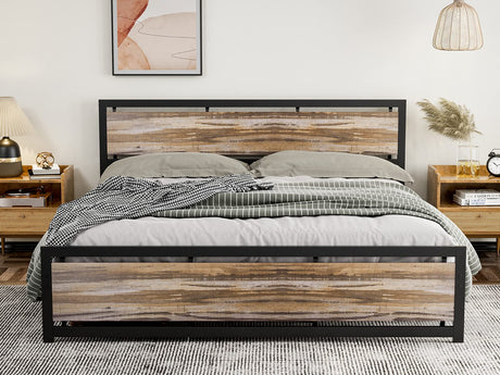 King Size Bed Frame with Wooden Headboard Footboard, Farmhouse Metal King