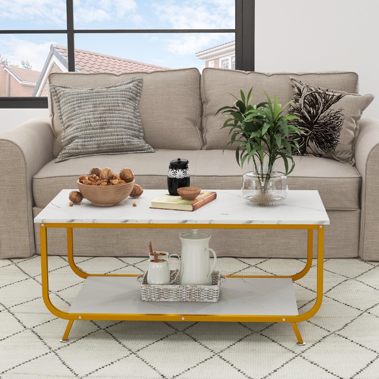 2-Tier Coffee Table, Rectangular Center Cocktail Table with Faux Marble