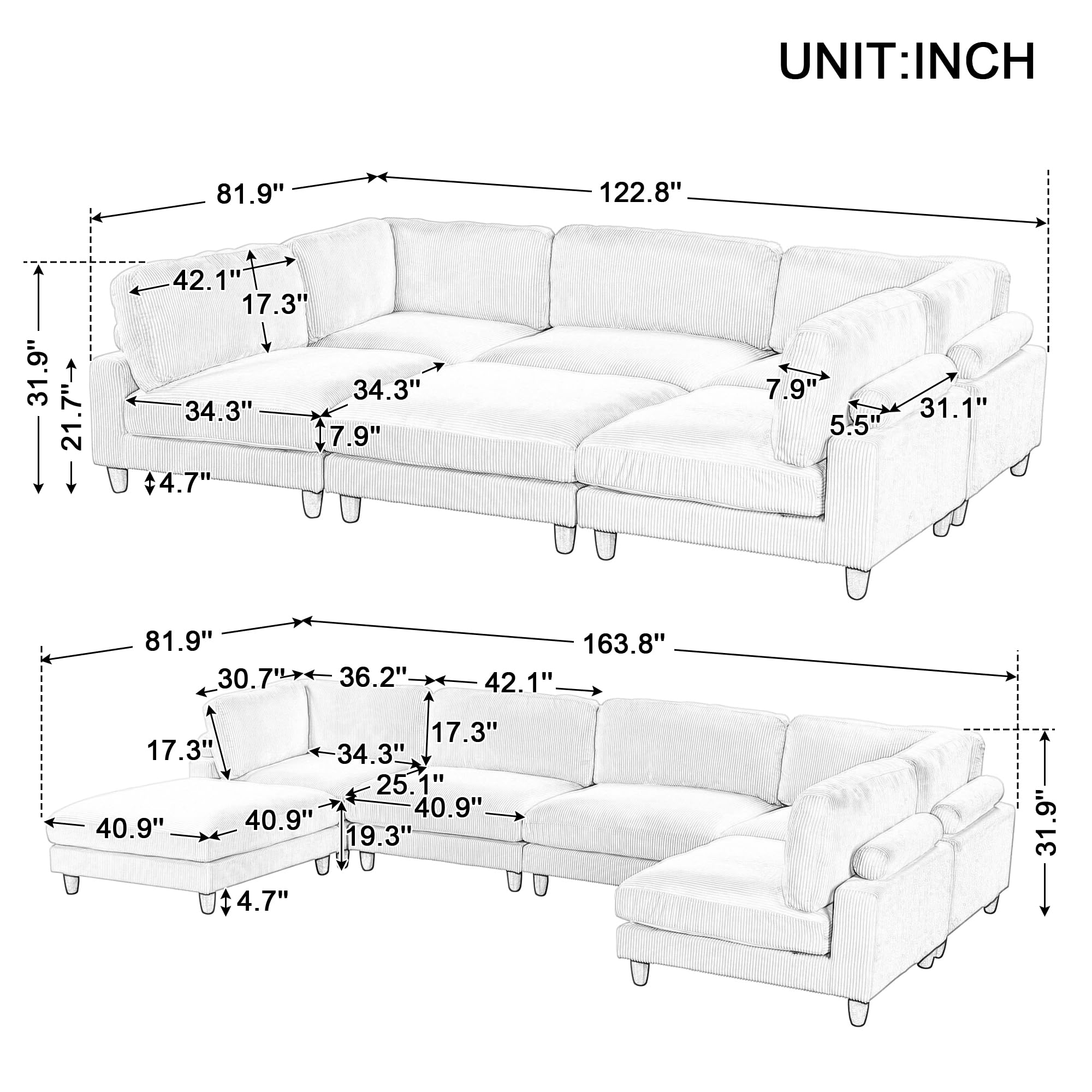 Free Combination Convertible Modular Sectional Sofa with Movable Ottomans ,
