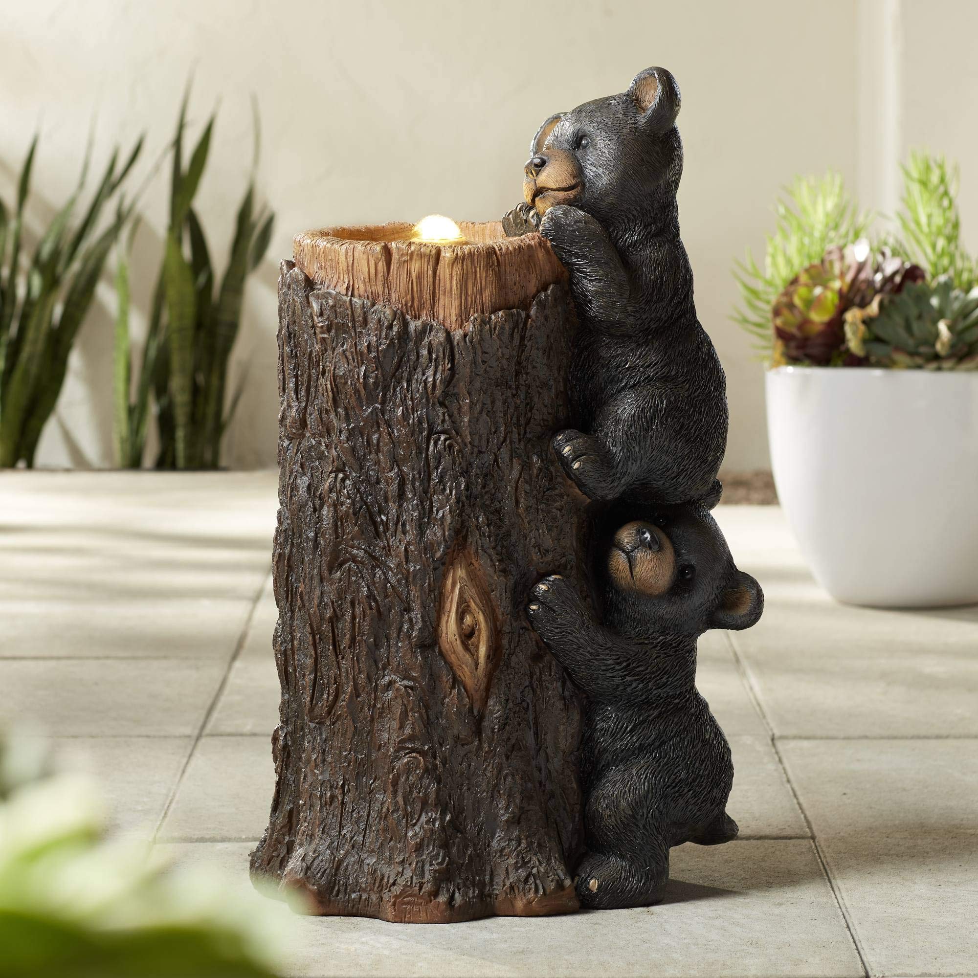 Bears on Log Rustic Natural Cottage Lodge Outdoor Bubbler Fountain with Light LED 28 1/2" High Black Brown