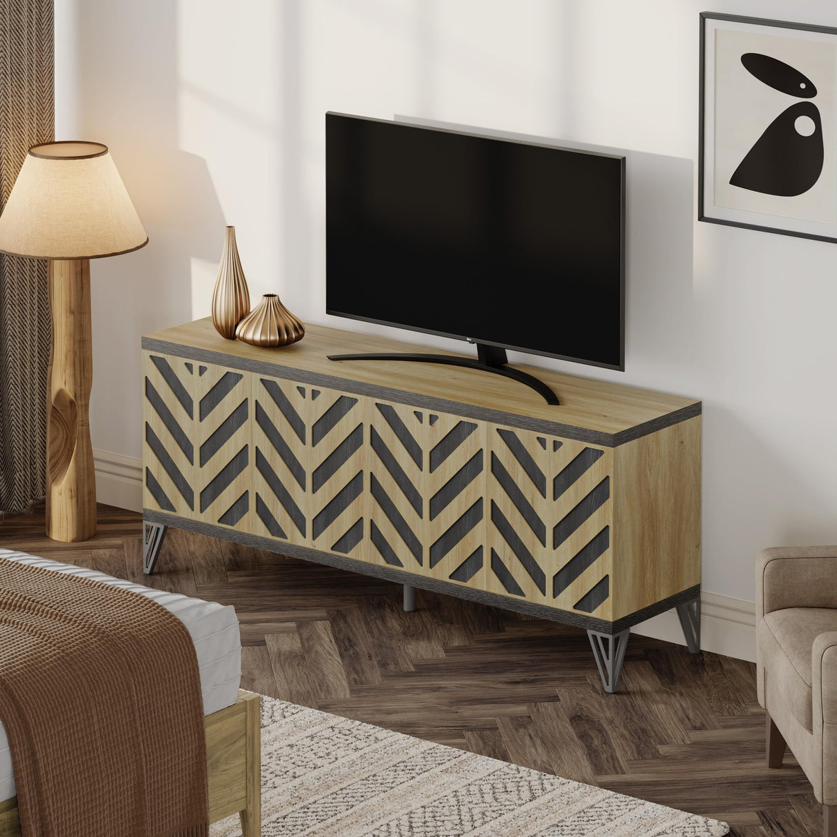 Large TV Stand for Living Room - TV Console Entertainment Center with Herringbone Pop