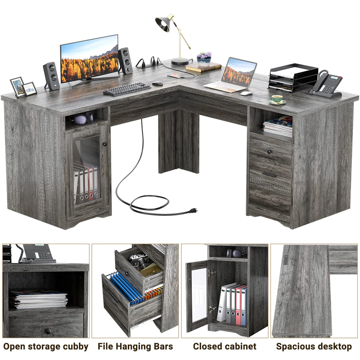 L Shaped Desk with Drawers, 60 Inch Corner Computer Desks with USB Charging Port