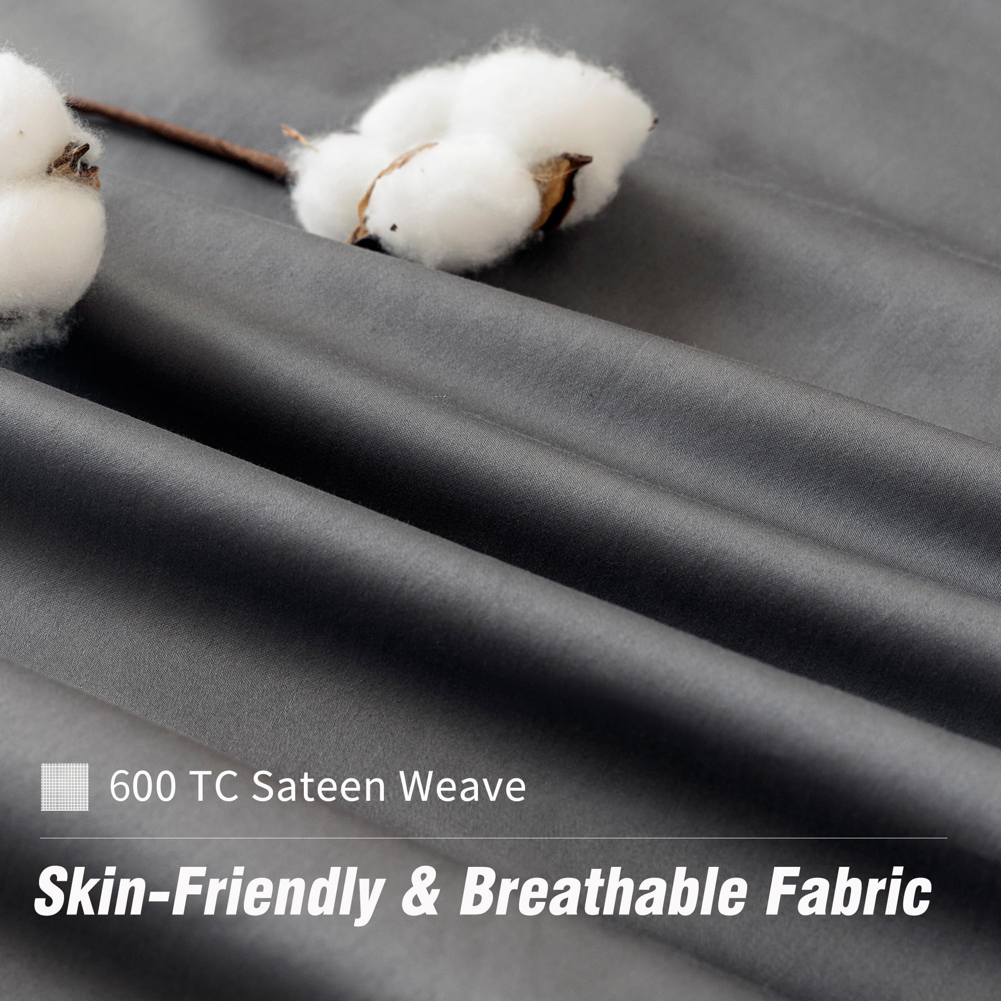 Twin Sheets Set Grey - 100% Cotton Sheets, 600 Thread Count Sateen Twin Bed Sheets