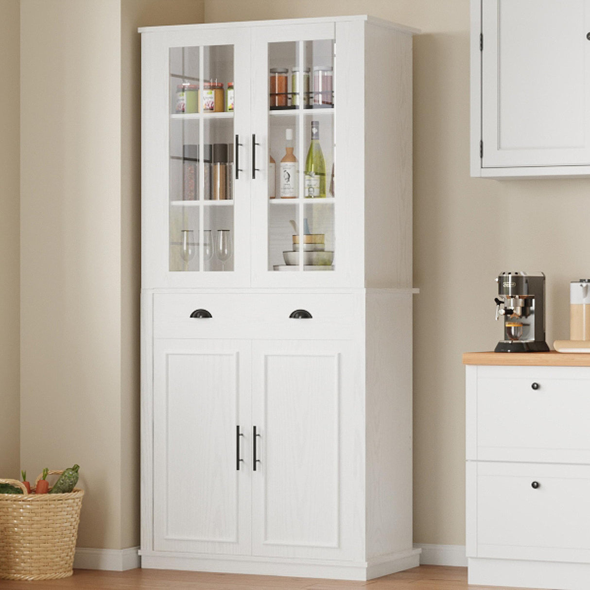 IRONCK Kitchen Pantry Cabinet 72" Height, with 6 Shelves, Drawers, and 4 Doors, Tall Freestanding Cupboard for Dining Room Living Room, White