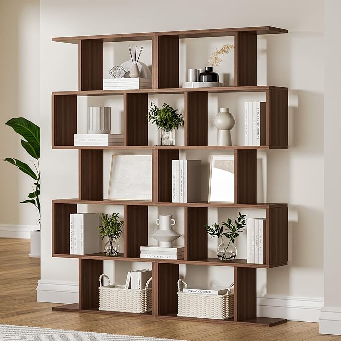 White 5-Tier Geometric Bookcase, S-Shaped Modern Bookshelf Set of 2, 62.6" Tall Room