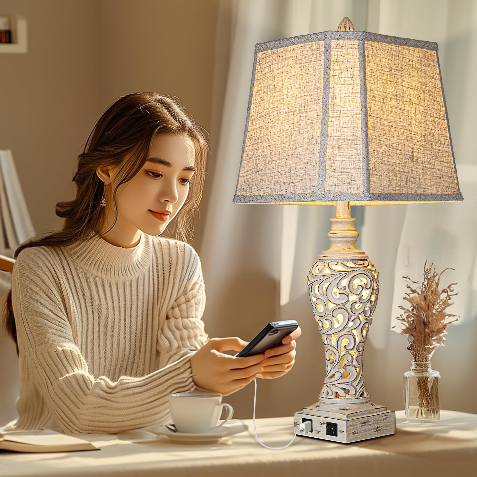 27'' High Vintage Table Lamp Set of 2 for Living Room Farmhouse Bedside Lamp with Fabric Shades Boho Nightstand Lamp with USB and Nightlight for Bedroom Home Office Hotel Bar (Led Bulb Included)