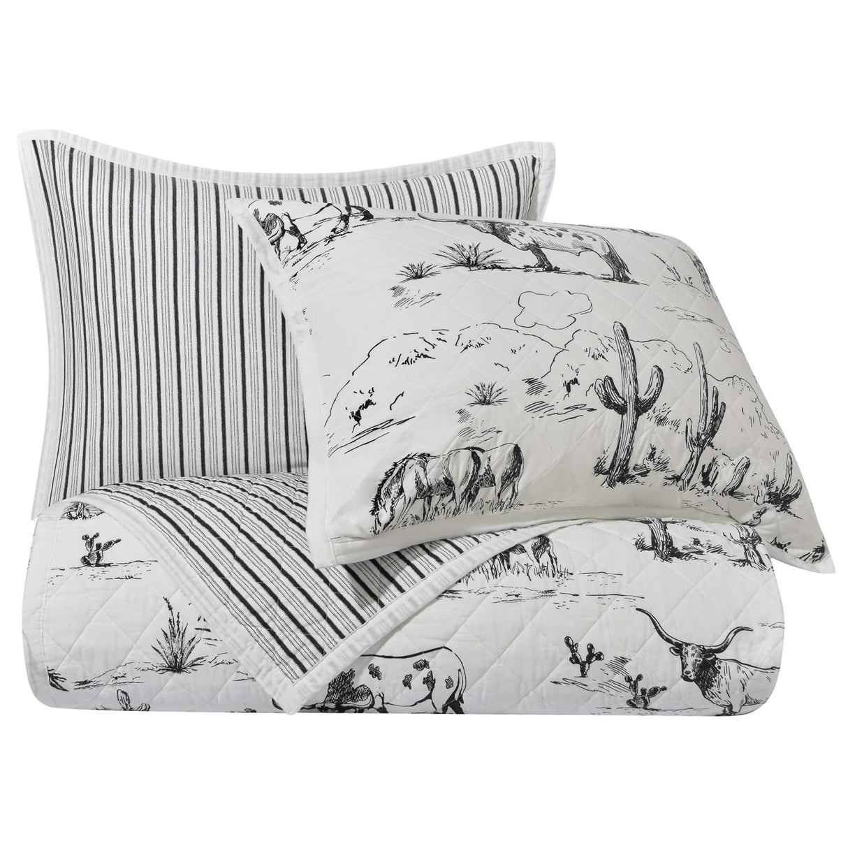 Accents Ranch Life Western Bedding, 3 Piece King Size Quilt Set, White Black Cow Cowboy Longhorn Horse Rodeo Print Western Bed Set, Cotton Rustic Southwest Quilt with Pillow Shams