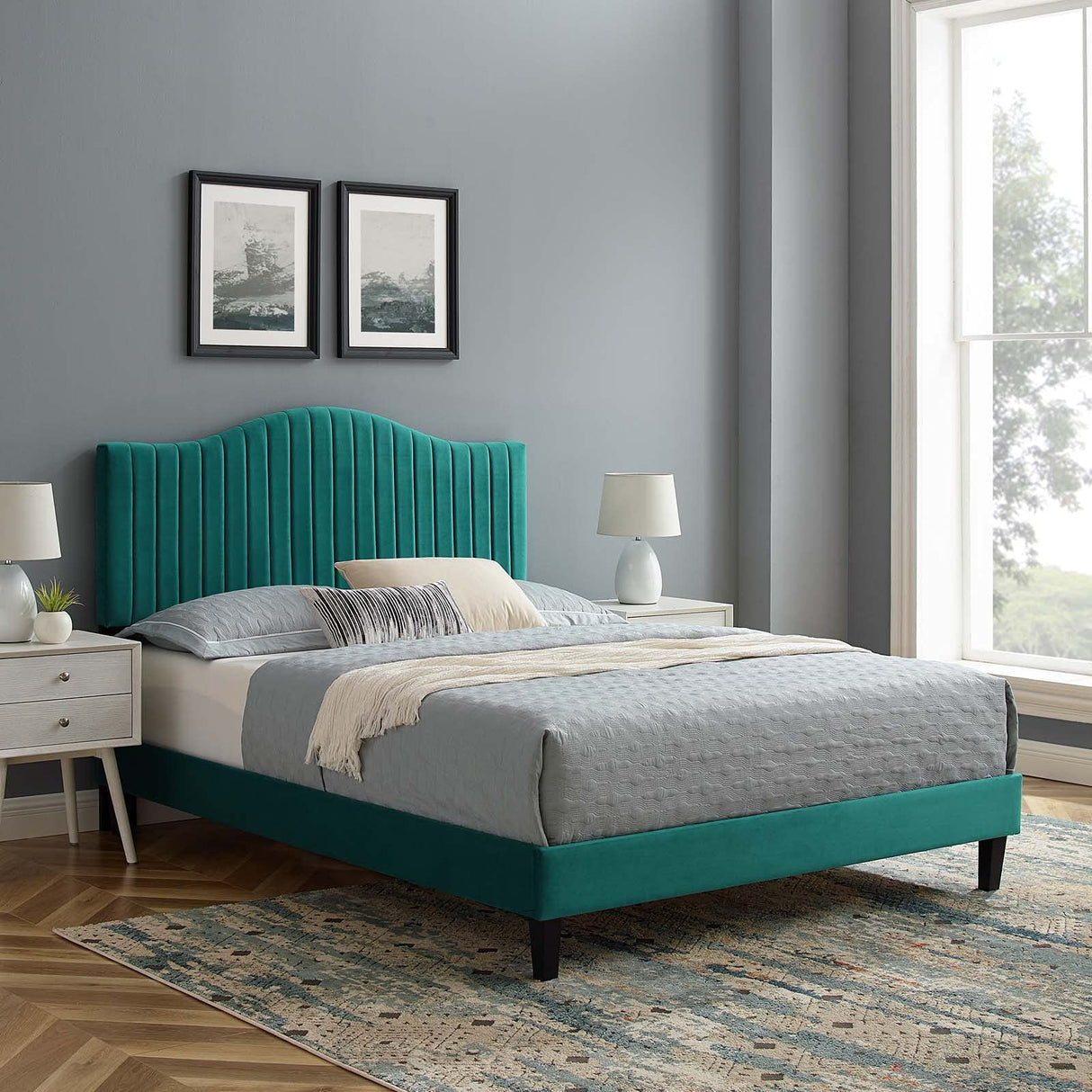 MOD-6747-TEA Juniper Channel Tufted Performance Velvet Full Platform Bed, Teal