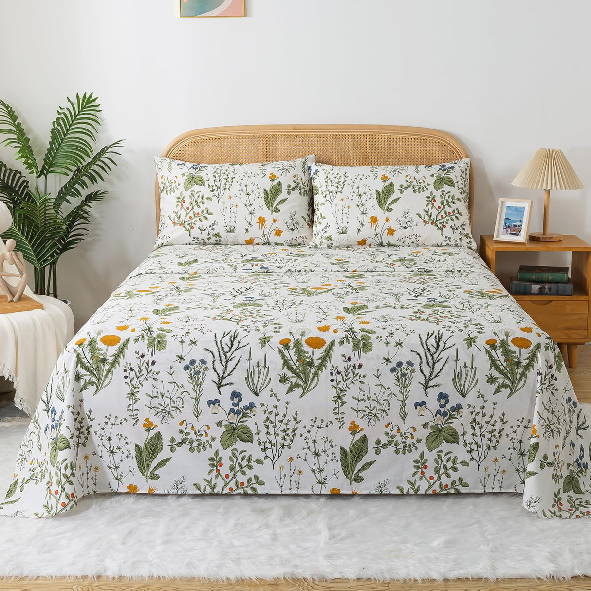 Queen Sheet Set 100% Percale Cotton Green Floral Bed Sheet Set Yellow Flower & Green