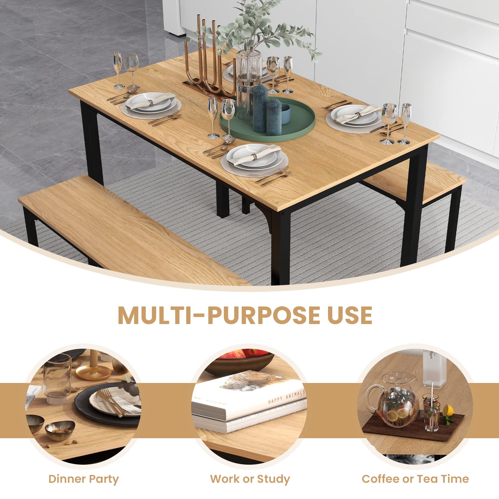 3-Piece Dining Table Set with Bench - Modern Space-Saving Dinette