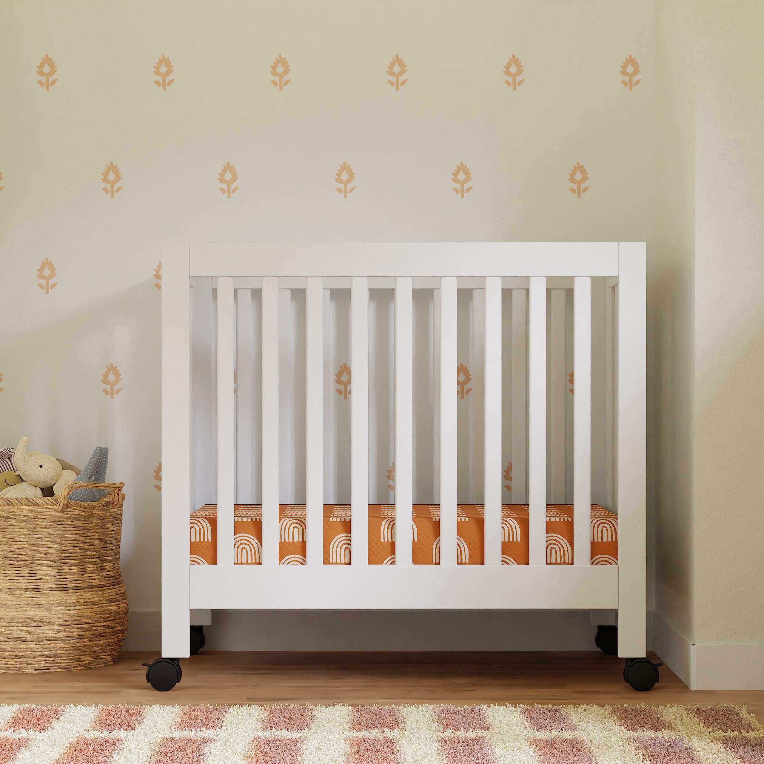 Origami Mini Portable Crib Folding with Wheels in White, 2 Adjustable Mattress Positions