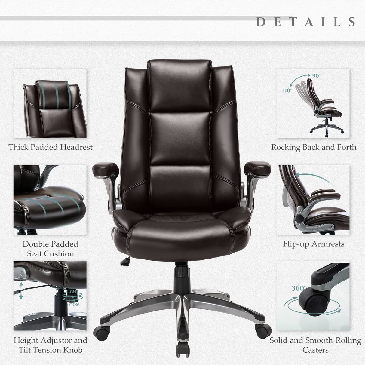 Leather Executive Office Chair - High Back Ergonomic Desk Chair with Flip-Up Arms