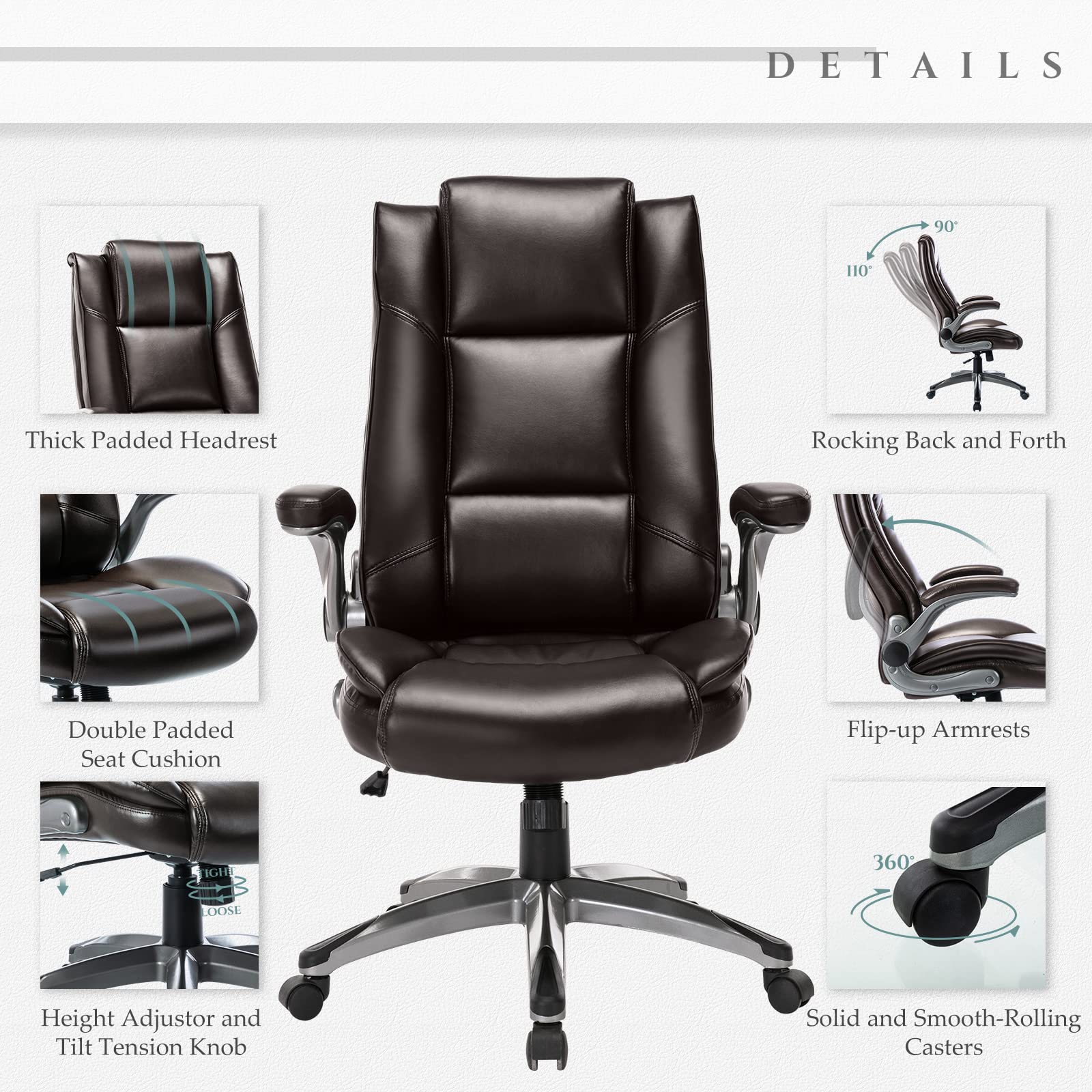 Leather Executive Office Chair - High Back Ergonomic Desk Chair with Flip-Up Arms