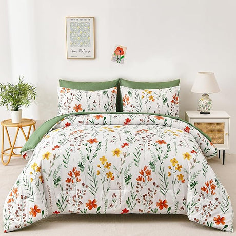 Khaki Comforter Set King Size 7 Pieces Floral Bed in a Bag Taupe Flower Green Leaves Bed Comforter Set Soft Bedding Sets for All Season with Flat Sheet, Fitted Sheets, Pillowcases & Shams