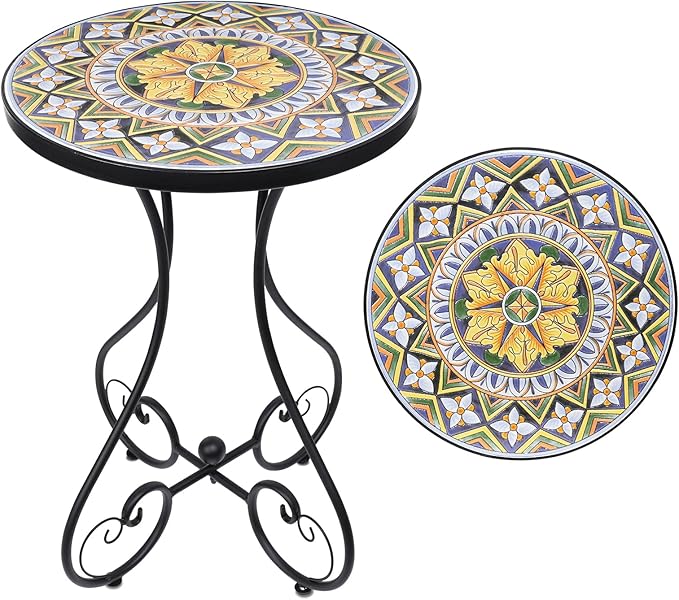 Outdoor Side Table Mosaic Patio Table Accent Tables Mosaic Tile Top Metal Frame Small