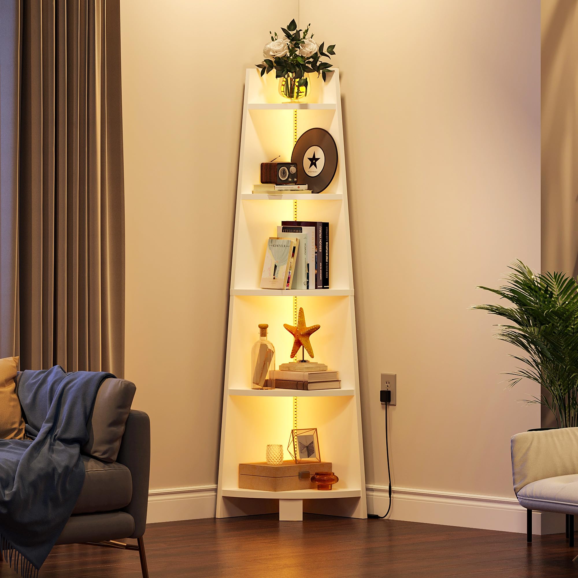 Corner Shelf Stand with Led Light, 70.9" Ladder Corner Bookshelf, Modern 5 Tier Corner Bookcase, Wooden Open Display Shelving Storage Rack for Bedroom, Living Room, Home Office, White