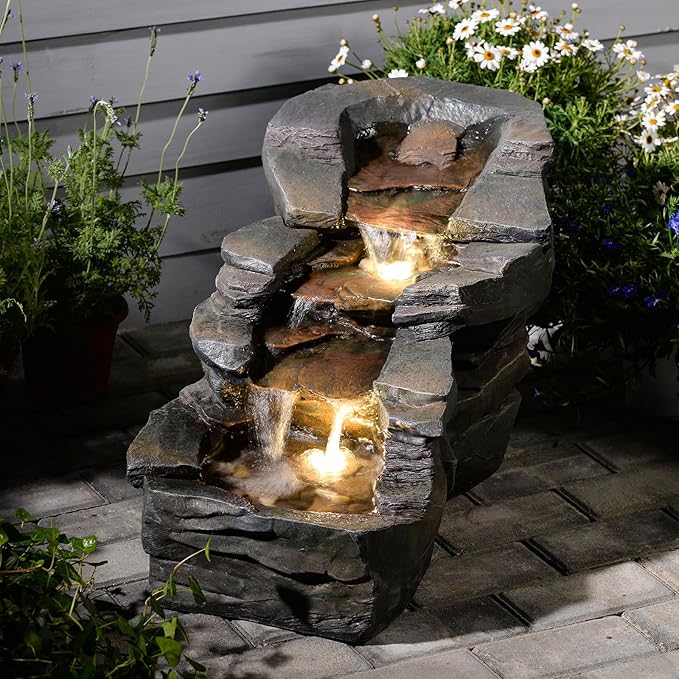 37" L Garden Outdoor Water Fountain, Floor Standing 5-Tiers Rock Natural Waterfall