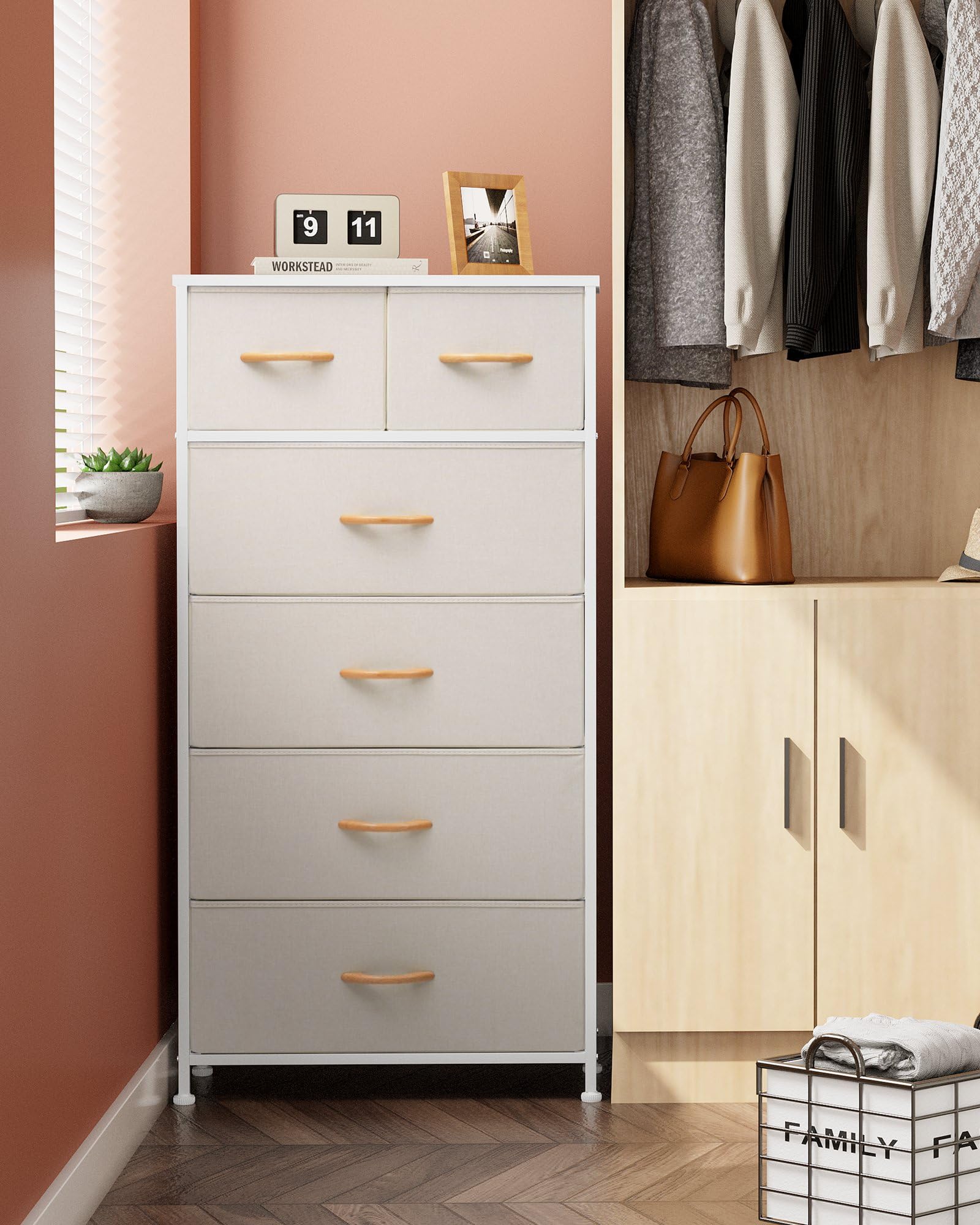 Vertical Dresser Storage Tower - Sturdy Steel Frame, Wood Top, Easy Pull Fabric Bins