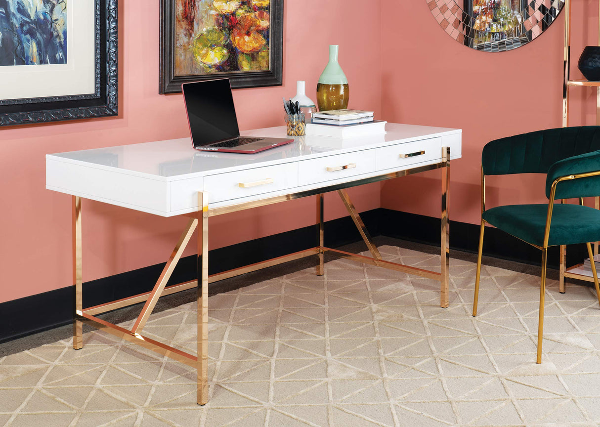 Broadway Modern Executive Desk with 3 Drawers and Charging Station, White Gloss Finish and Gold Frame