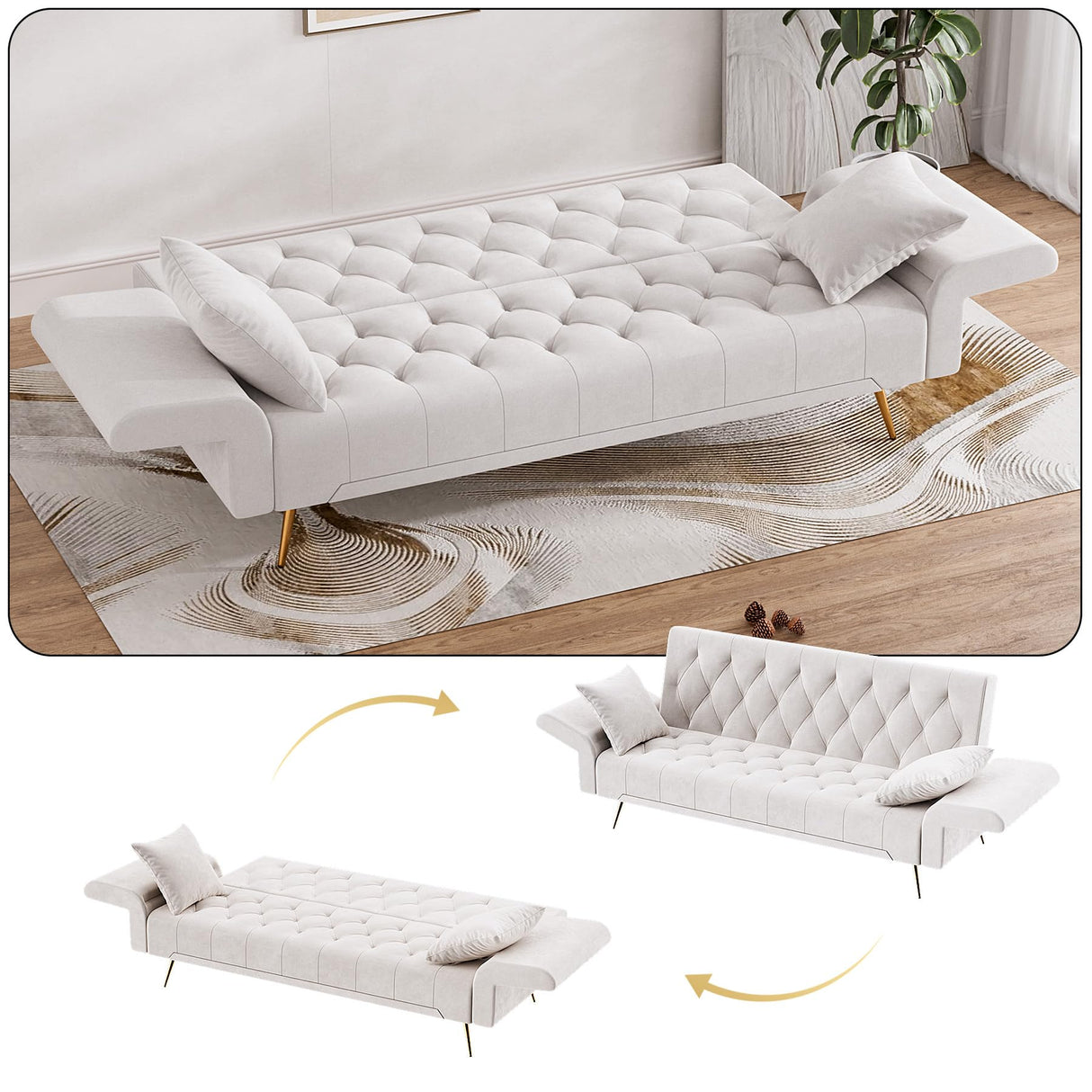 Modern Velvet Futon Sofa Bed, Small Couch, Loveseat, 71" Convertible Futon Sofa with Folding Armrests and 2 Pillows, Comfy Couch for Living Room, Bedroom, Beige