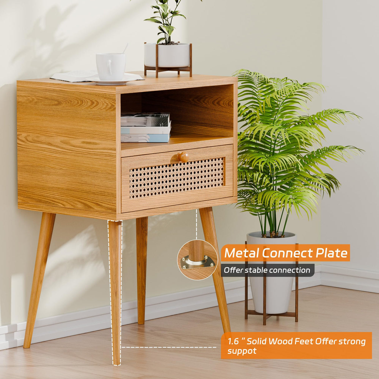 Rattan Nightstand Bedside Tables, Modern Wood Side Table Small End Table