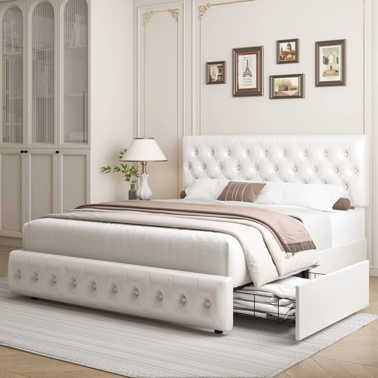 Queen Bed Frame with Storage and Adjustable Headboard, Bed Frame with 4 Drawers