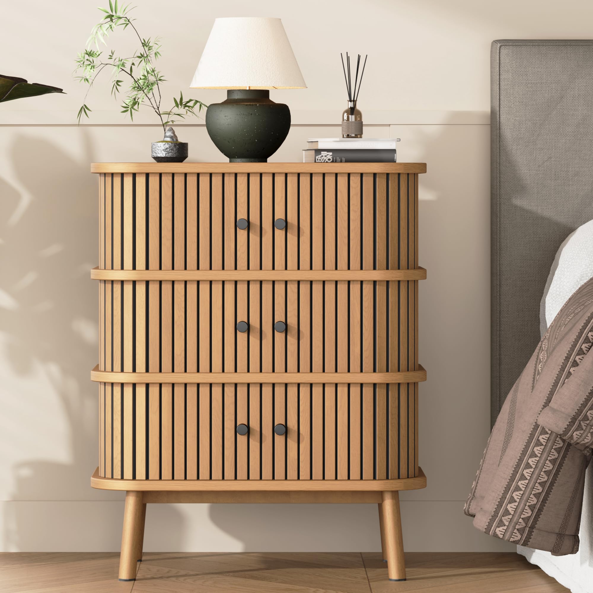 Fluted 3 Drawers Nightstand with Sliding Door, Boho 3 Drawer Dressers