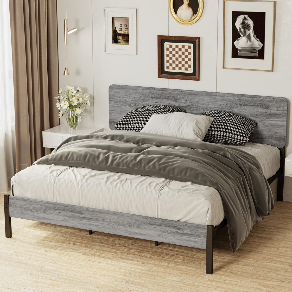 King Size Bed Frame, Metal Bed Frame King with Headboard and Strong Steel Slat Support,