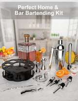 14 Piece Cocktail Shaker Set Stainless Steel Bar Tools with Rotating Stand