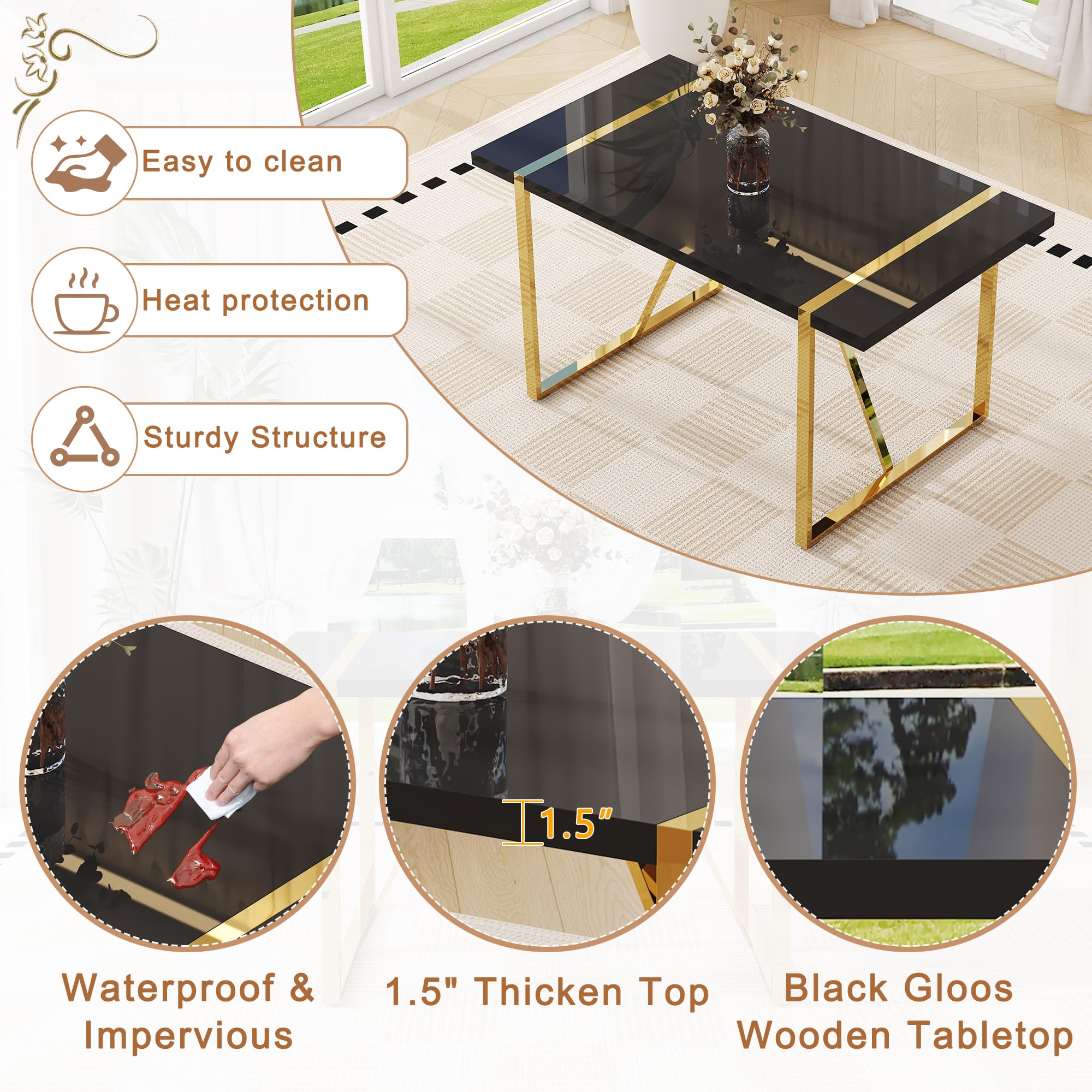 55" Black Dining Table Set for 6 with Golden Metal Legs