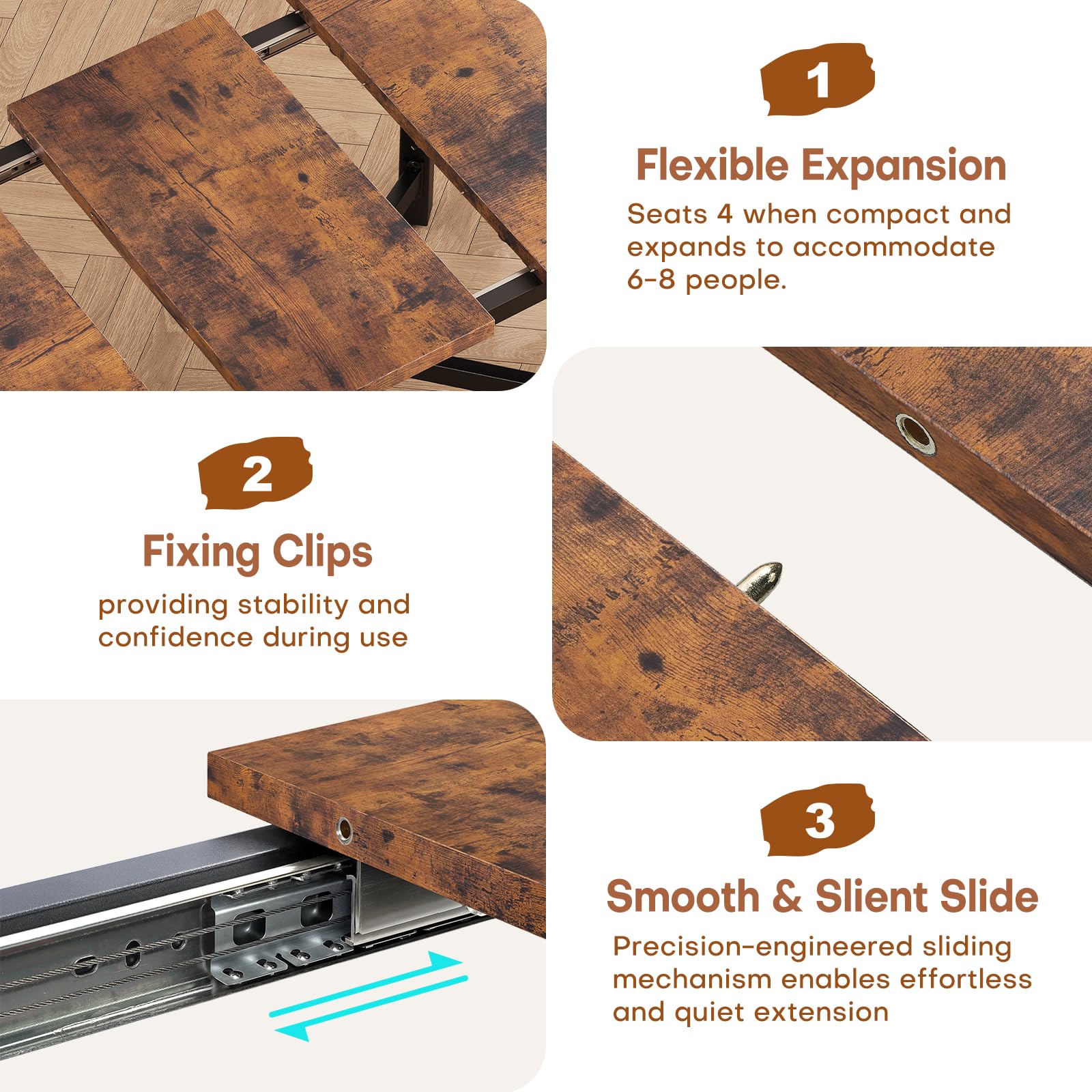 62" Extendable Dining Table for 4-6 People | Rustic Brown