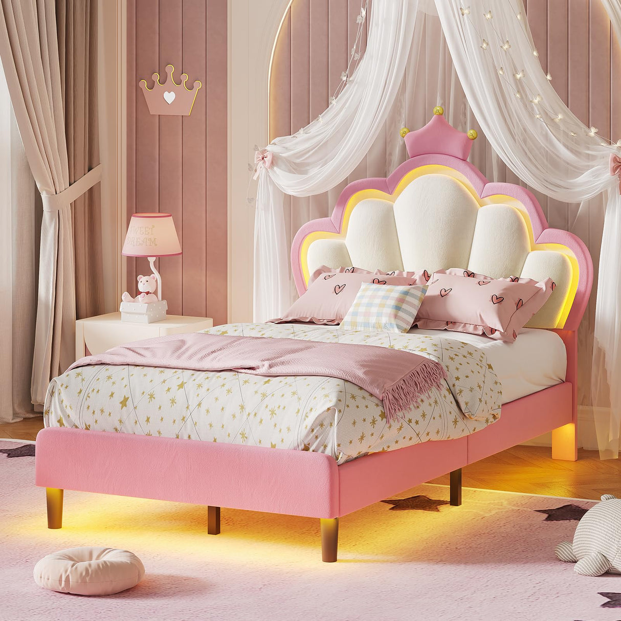 Frame with LED Lights, Girls Twin Bed with Princess Crown, LED Velvet Upholstered