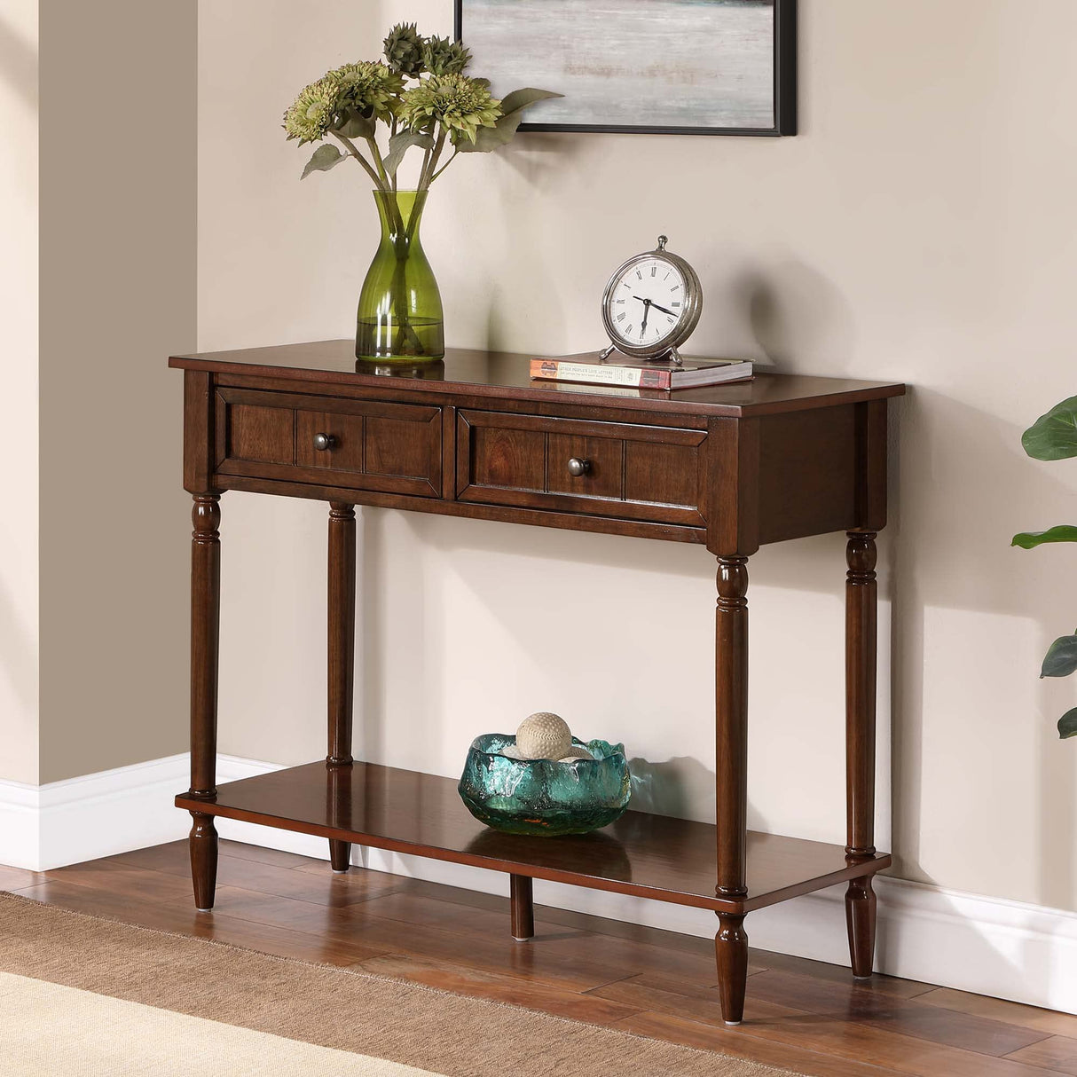 French Country 2-Drawer Hall Table with Shelf, Espresso