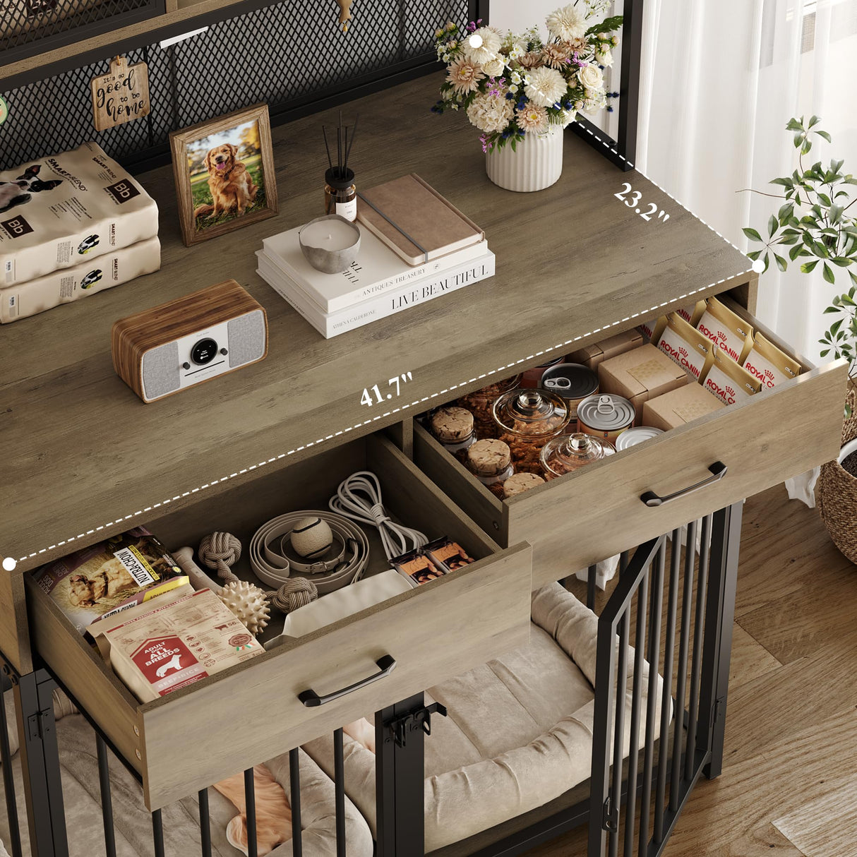 71" Tall Dog Crate Furniture with Storage Hutch - Rustic Brown