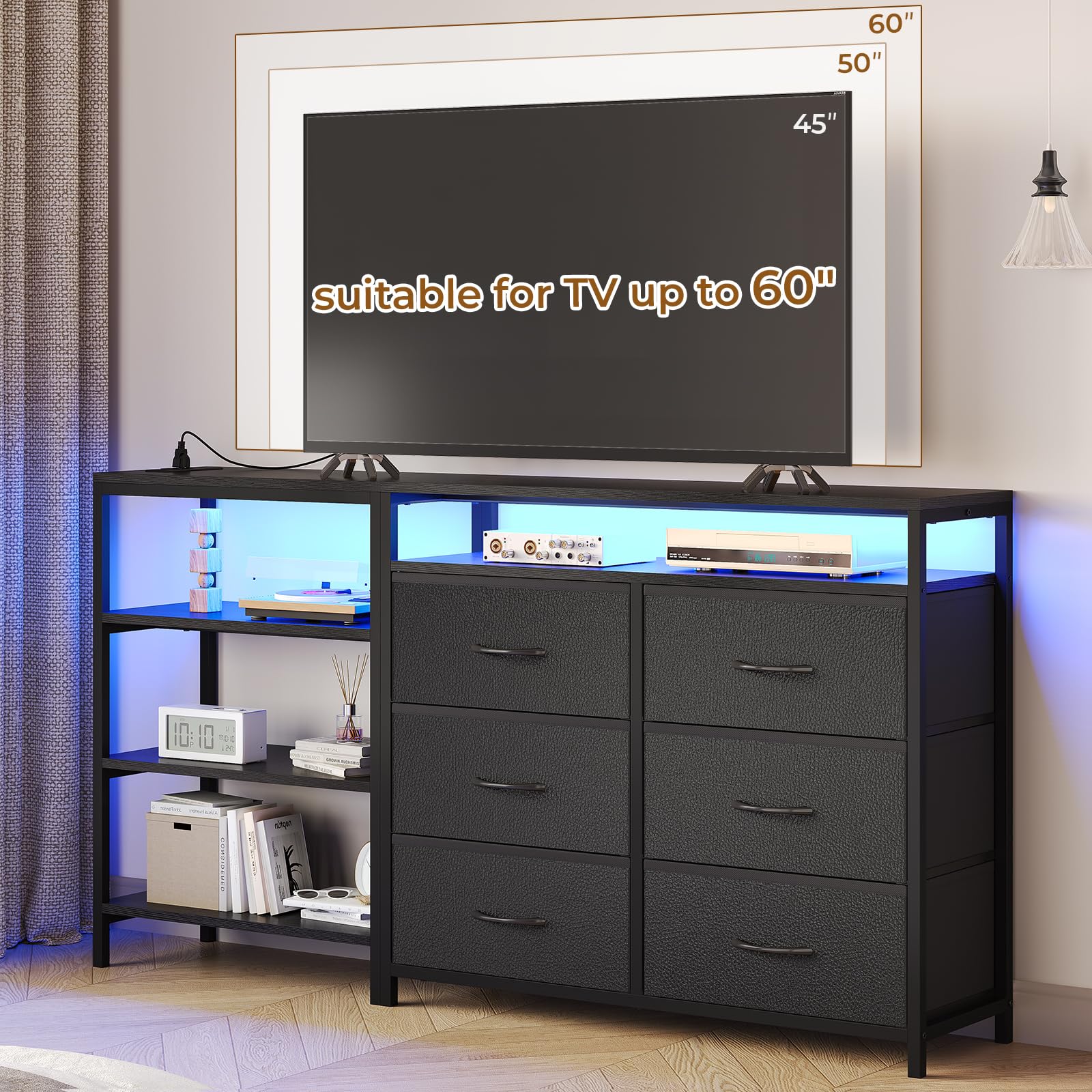 TV Stand Dresser Bedroom for 60 Inch TV with LED Lights & Charging Station