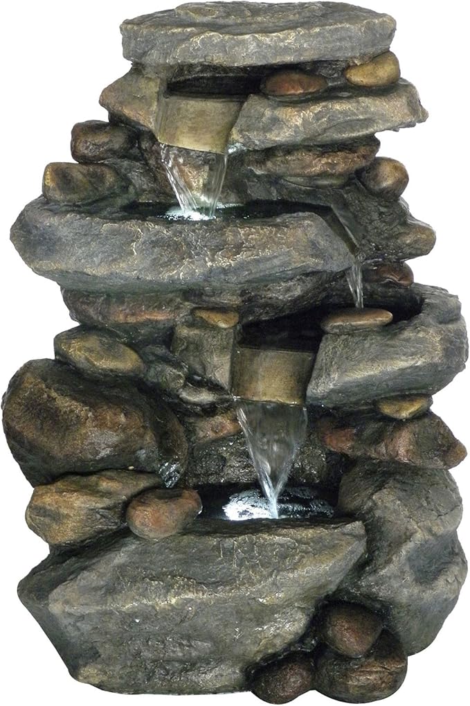 13" Tall Indoor 4-Tier Cascading Tabletop Fountain with LED Lights, Gray