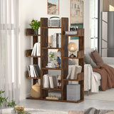 Bookshelf, Tree-Shaped Bookcase Storage Shelf with 13 compartments, Books Organizer Display Cube Shelves, Industrial Free Floor Standing Wood Open Bookshelves for Home