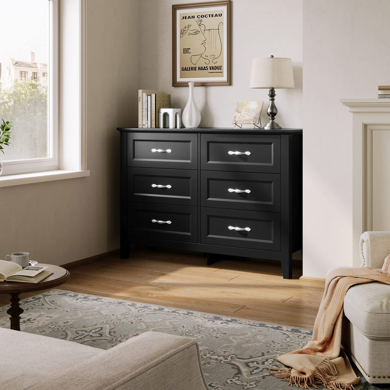 Black Dresser for Bedroom Long Dresser with 6 Drawers