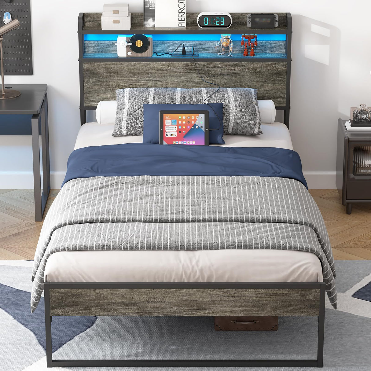 Twin Bed Frames with Charging Station and LED Lights, Metal Bed Frame