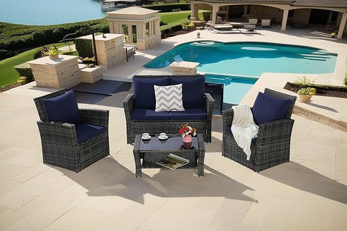 4-Piece Outdoor Patio Furniture Set: Rattan Wicker Chairs, Tempered Glass Coffee Table