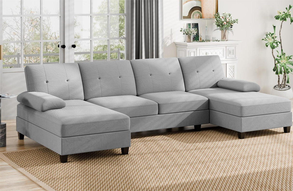 Walsunny Sectional Couches for Living Room, Convertible U-Shaped Sofa Couch with Double Chaise, 4 Seat Sofa Set Modular Sofa Couch for Apartment, Light Grey