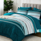 Teal Queen Comforter Set 7 Pieces, Blue Boho Striped Bed in a Bag Queen