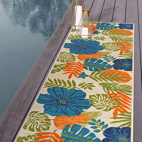 Pianosa Tropical Floral Leaves Non-Shedding Outdoor Rugs for Deck,Patio,